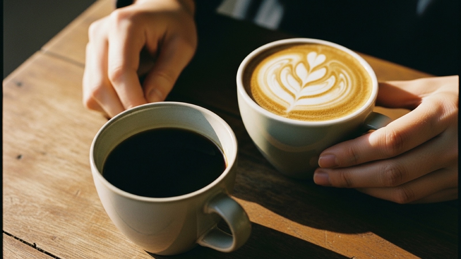 A ceramic cup of black americano with steam rising gently on a wooden table. Editorial Kinfolk aesthetic, cream and brass palette.