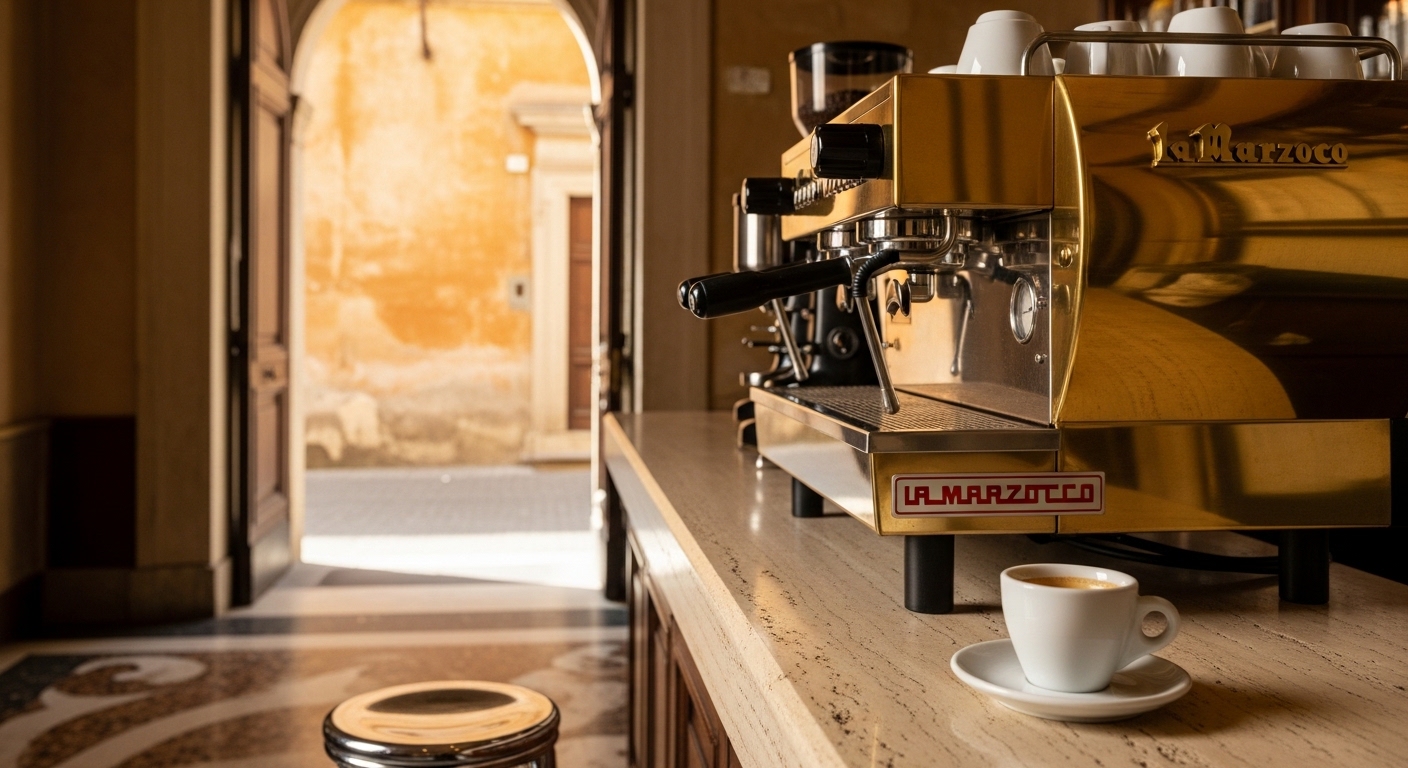 A warm cafe storefront with a small awning, soft window glow, neutral facade in golden hour light. Editorial Kinfolk aesthetic, cream and brass palette.