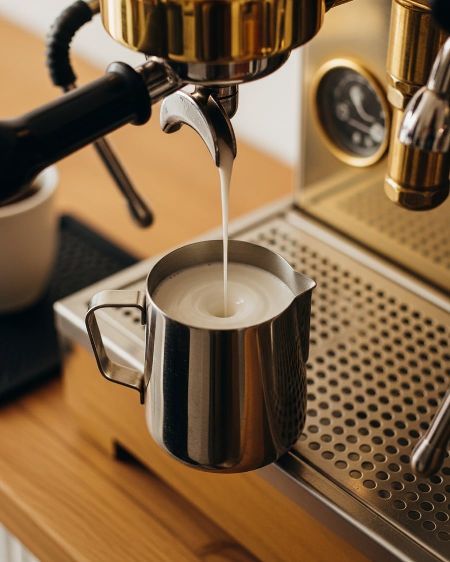 Steam two ounces of oat milk to 140 degrees Fahrenheit