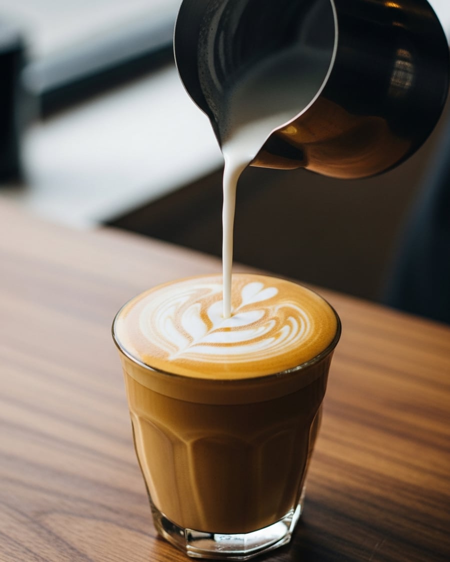 Pour the milk through the crema in a single steady stream