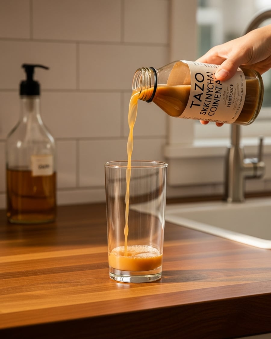 Pour Tazo skinny chai concentrate into a tall glass