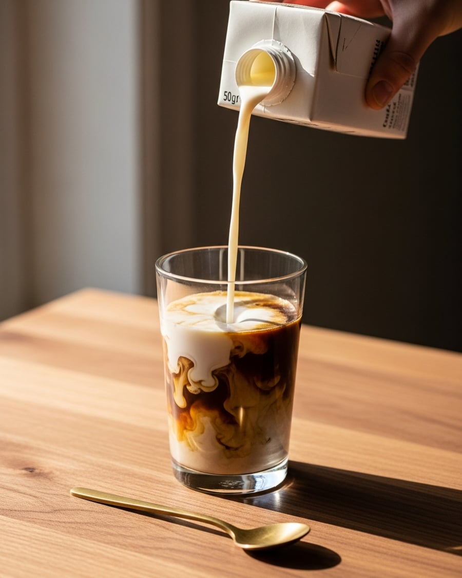 Top with Silk oat milk to three-quarters full