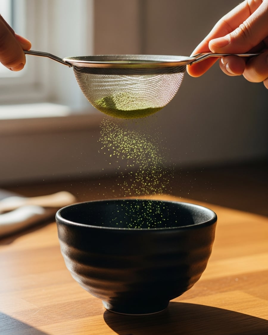 Sift two grams of Rocky’s matcha into the chawan through a fine-mesh strainer