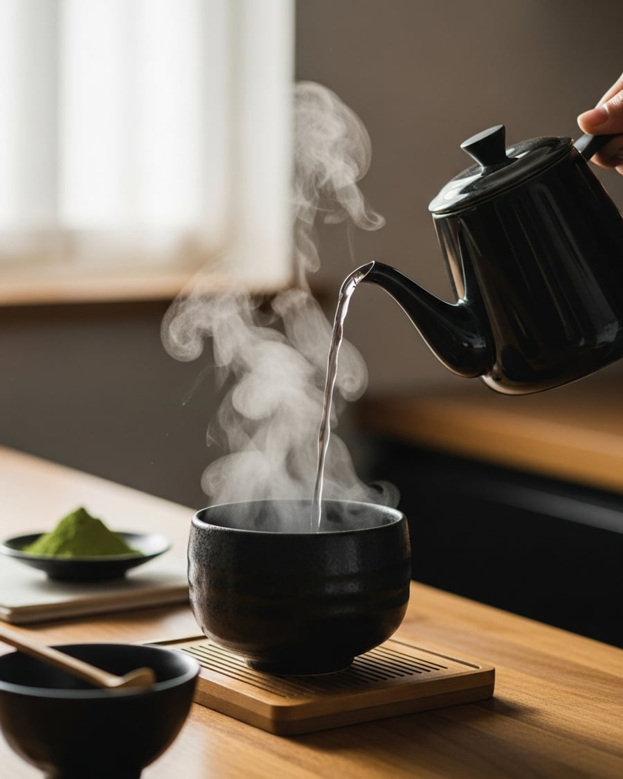 Pour water at 175 degrees Fahrenheit over the sifted matcha