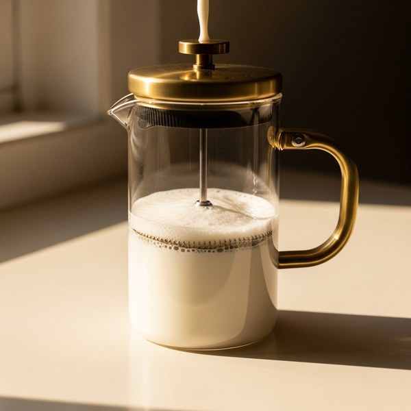 Frothing warm milk by plunging a glass french press