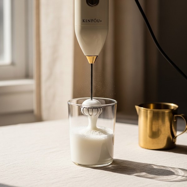A handheld electric frother creating foam in a glass of milk
