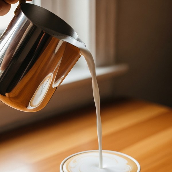 Close-up of glossy microfoam milk being poured from a pitcher