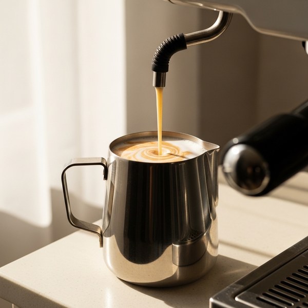 Milk steaming into microfoam in a pitcher under an espresso steam wand