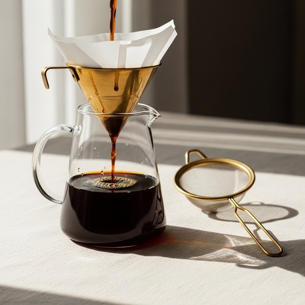 ガラスのカラフェへ紙フィルターを通して注がれるコールドブリューの濃縮液