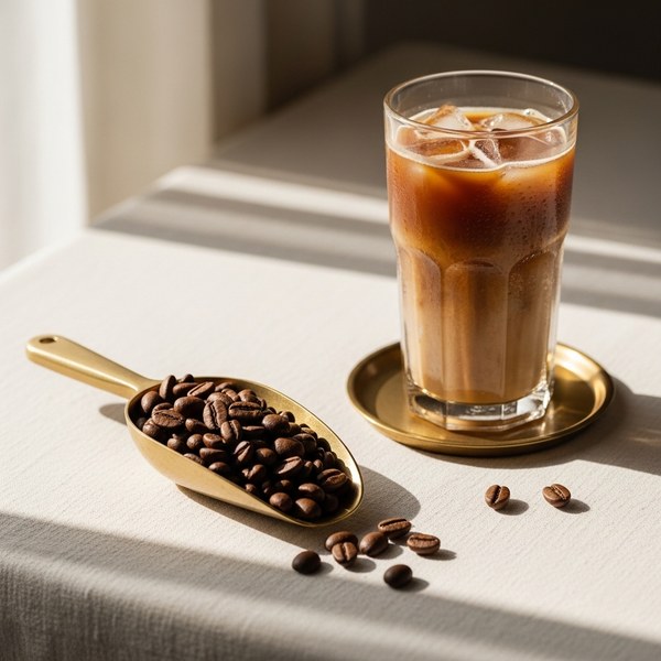 A scoop of medium-roast coffee beans beside a glass of iced coffee