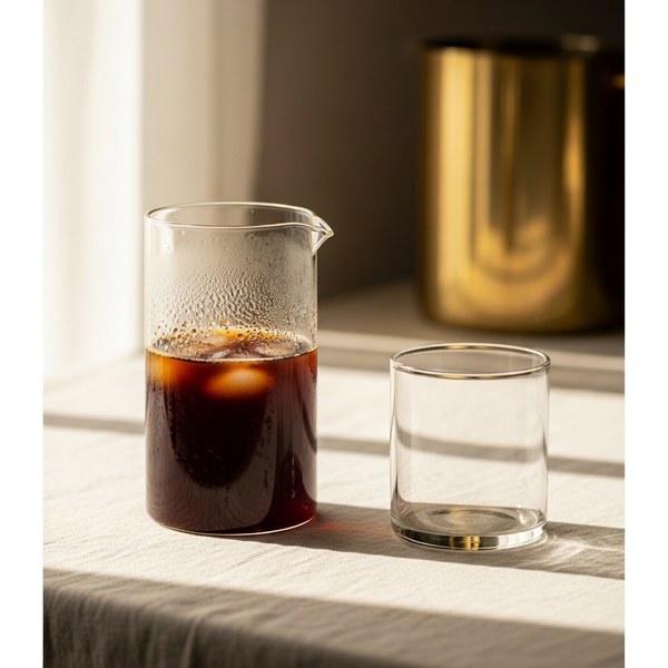 A glass carafe of chilled brewed coffee on a linen surface