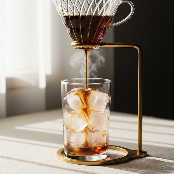 Hot coffee dripping from a pour-over dripper onto a glass of ice for Japanese flash brew