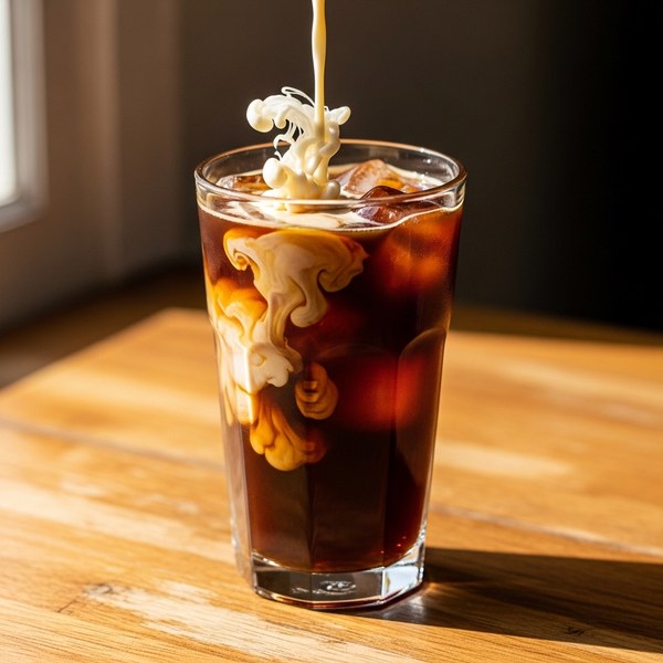 Cream milk swirling into a glass of iced coffee over ice