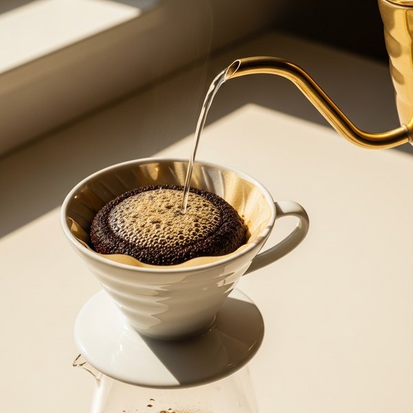 Coffee grounds blooming with CO2 in a V60 dripper as water is poured