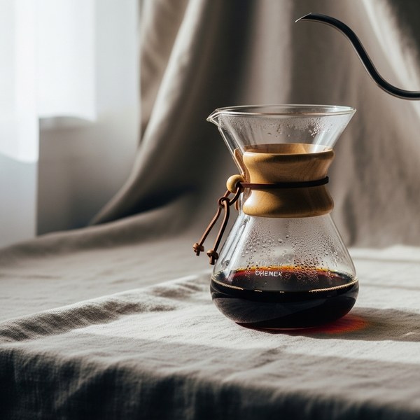 A Chemex carafe brewing coffee with a wooden collar