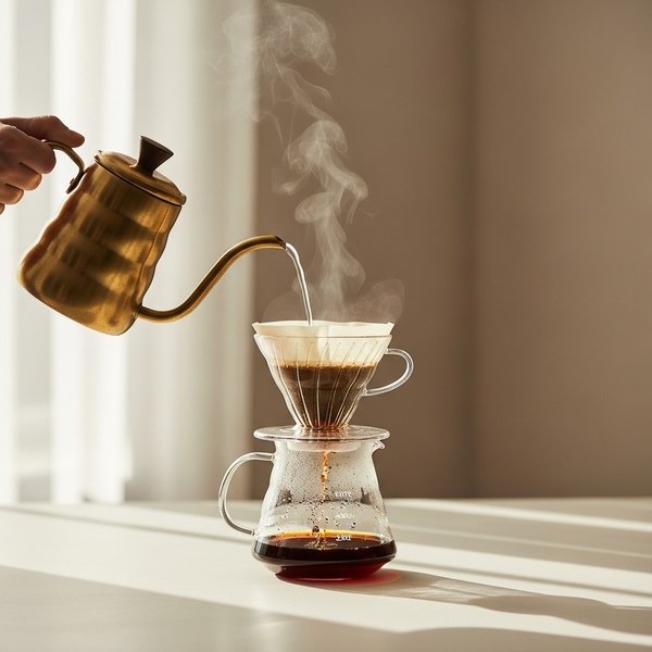 A gooseneck kettle pouring a slow spiral over coffee in a V60
