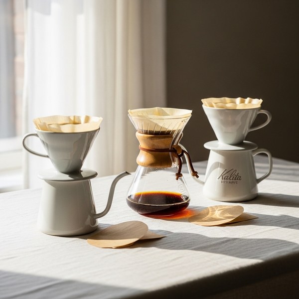 A V60, Chemex, and Kalita Wave pour-over dripper arranged with paper filters
