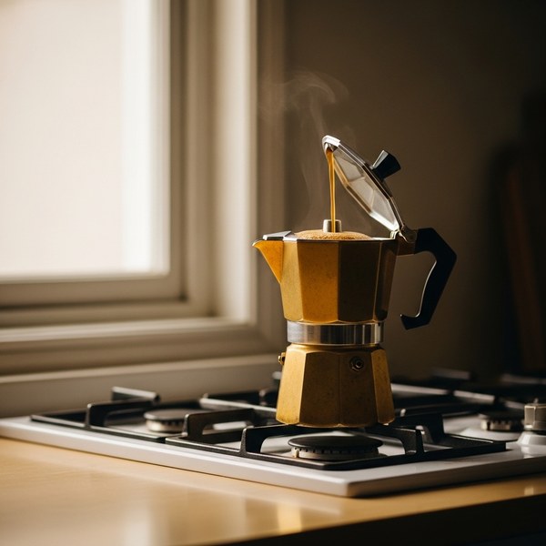 A moka pot brewing with coffee streaming into the top chamber