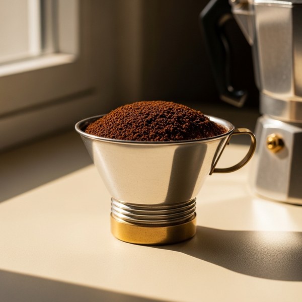 Medium-fine ground coffee filling a moka pot funnel basket