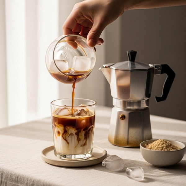 Iced moka coffee over ice with a swirl of milk