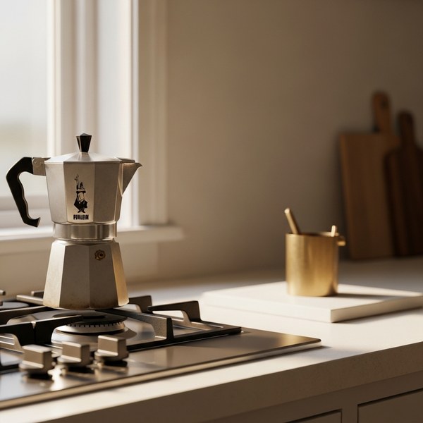 A classic aluminum Bialetti moka pot on a gas stovetop