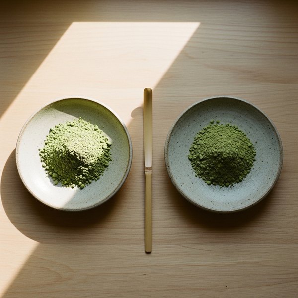 Two ceramic dishes overhead, vivid electric-green ceremonial matcha at left and olive-green culinary matcha at right