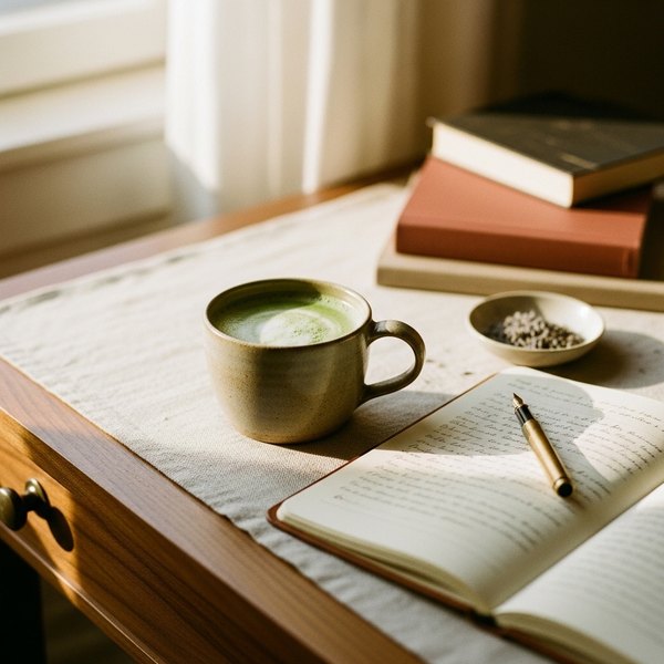 A ceramic mug of matcha latte on a linen-covered writing desk beside an open notebook and fountain pen, soft morning light