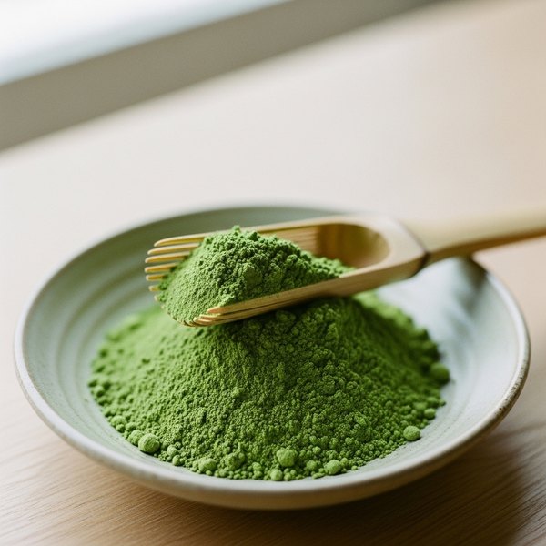 Close-up macro of a bamboo chashaku scoop lifting a mound of vivid electric-green ceremonial matcha powder, silky fine texture