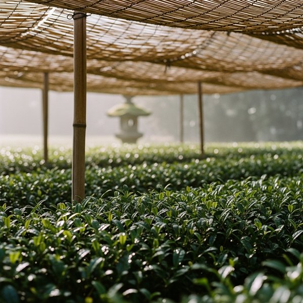 A Japanese tencha tea field under traditional bamboo shade screens, vivid green leaves beneath, misty morning light