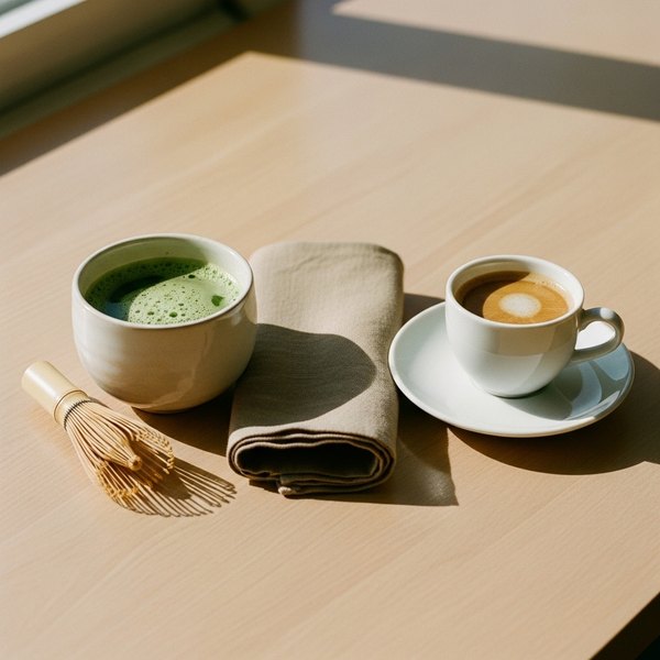 A ceramic chawan of vivid green matcha beside a white porcelain demitasse of espresso with crema, on a pale wood surface