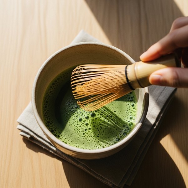 Overhead view of a chawan mid-preparation, bamboo chasen positioned for the zigzag whisk, fine matcha foam beginning to form